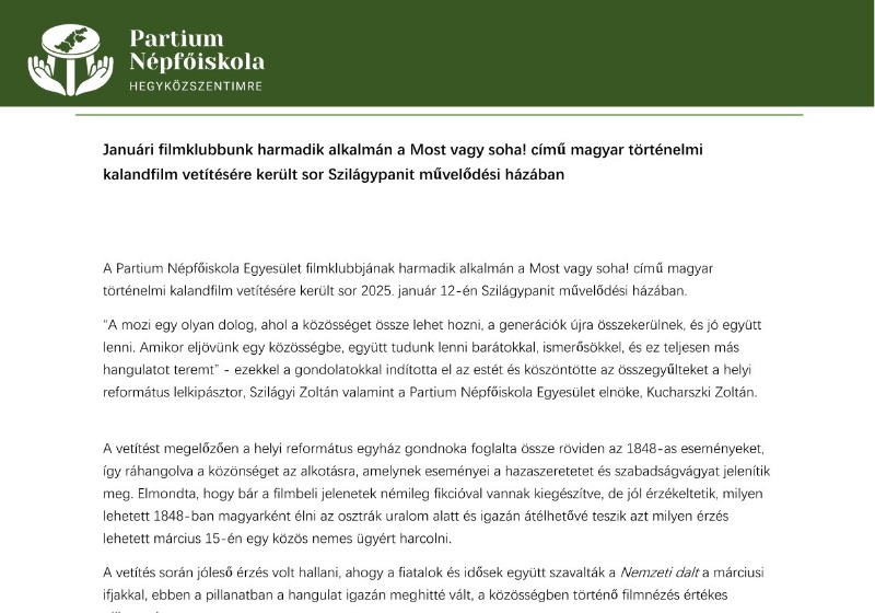 Filmklub - Szilágypanit - Most vagy soha! című történelmi kalandfilm vetítése