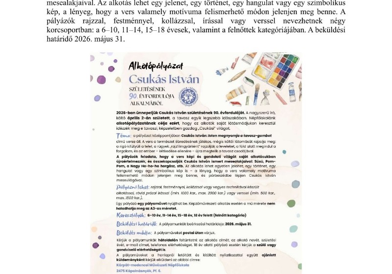 A Kárpát-medencei Művészeti Népfőiskola alkotópályázatot hirdet Csukás István születésének 90. évfordulója alkalmából