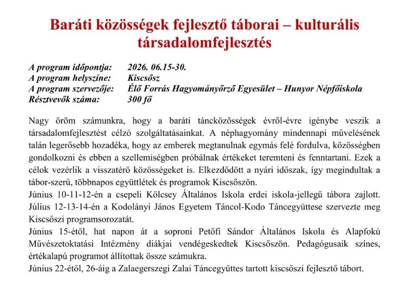 Társadalomfejlesztő táborok Kiscsőszön