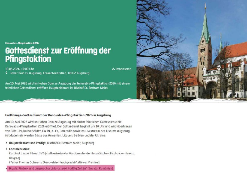 A Marosszéki Kodály Zoltán Gyermek- és Ifjúsági Kar németországi útja során Augsburgban is végez liturgikus szolgálatot a Renovabis Pünkösdi Akció 2026 megnyitó szentmiséjén, amely után önálló koncertet is ad a közönségnek!