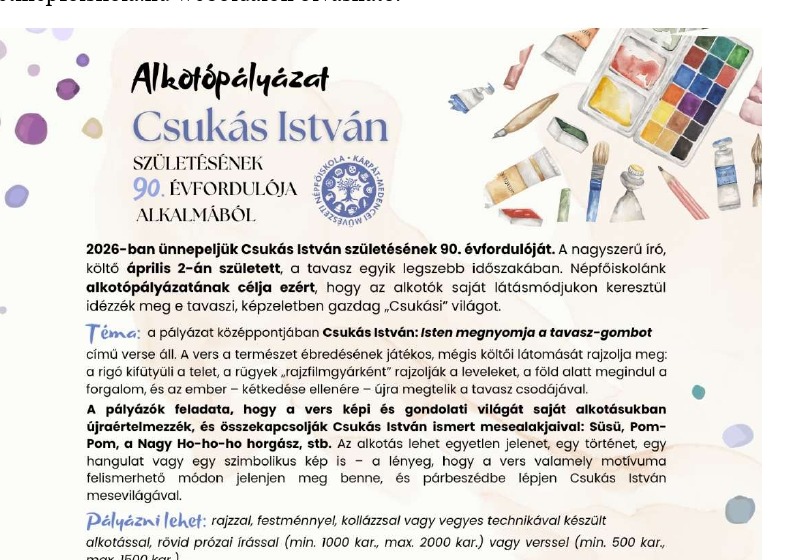 Csukás István születésének 90. évfordulója alkalmából hirdetett alkotópályázatot a  Művészeti Népfőiskola